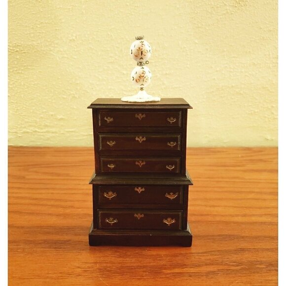 Vintage Miniature Dollhouse Furniture Chest of Drawers Hand Painted Lamp Doily - Picture 1 of 7